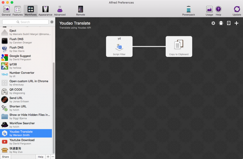 Alfred2 Settings -> Workflows Tab