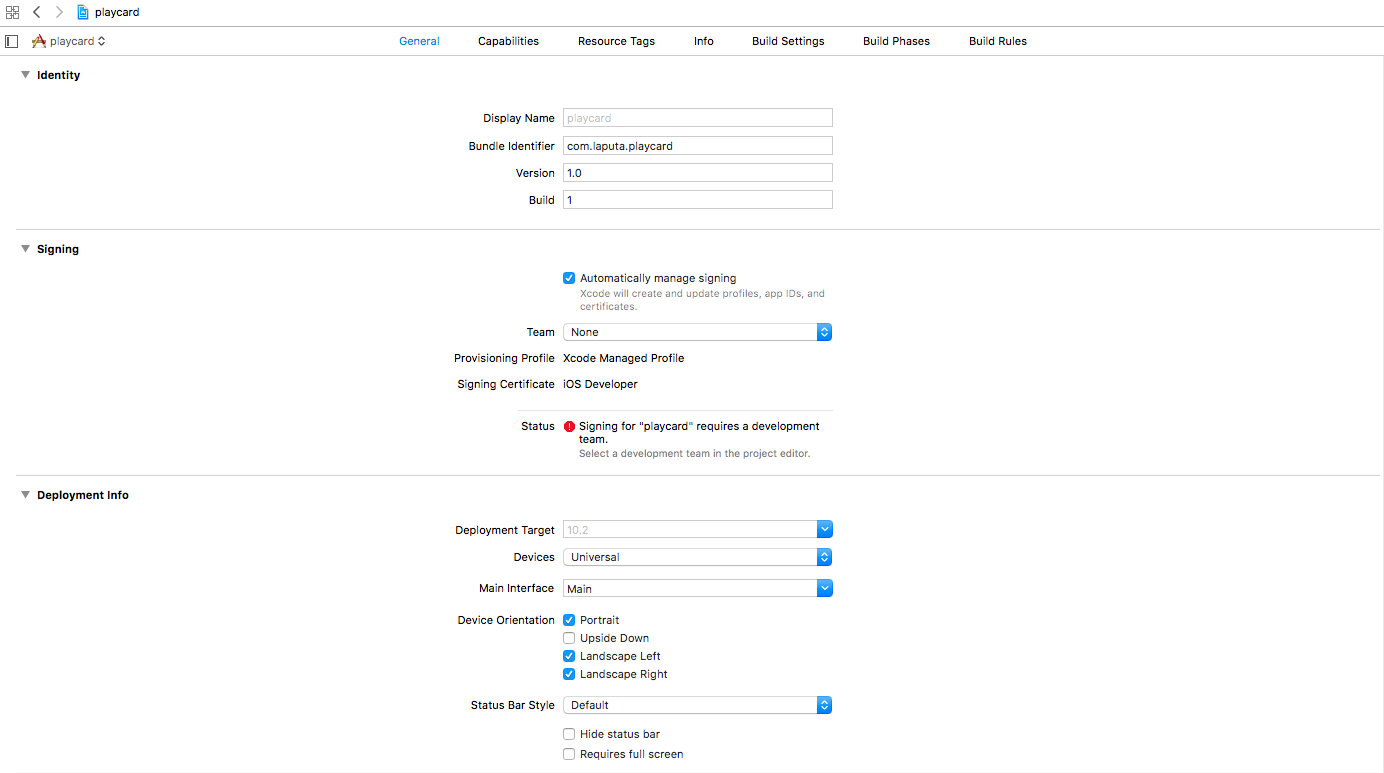 未设置开发者账号的 Xcode 工程基本设置页面