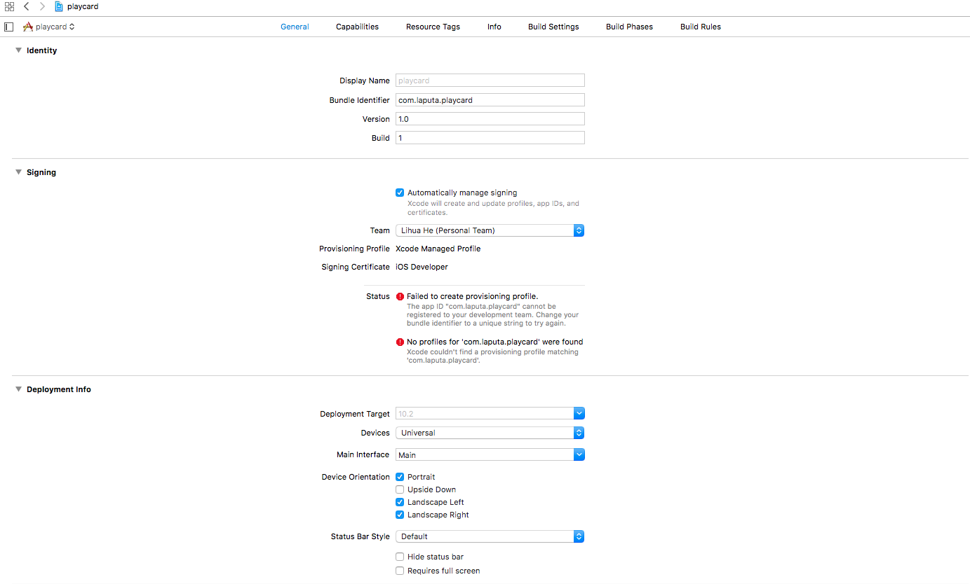 设置为不可用的个人账号的 Xcode 工程基本设置信息页面